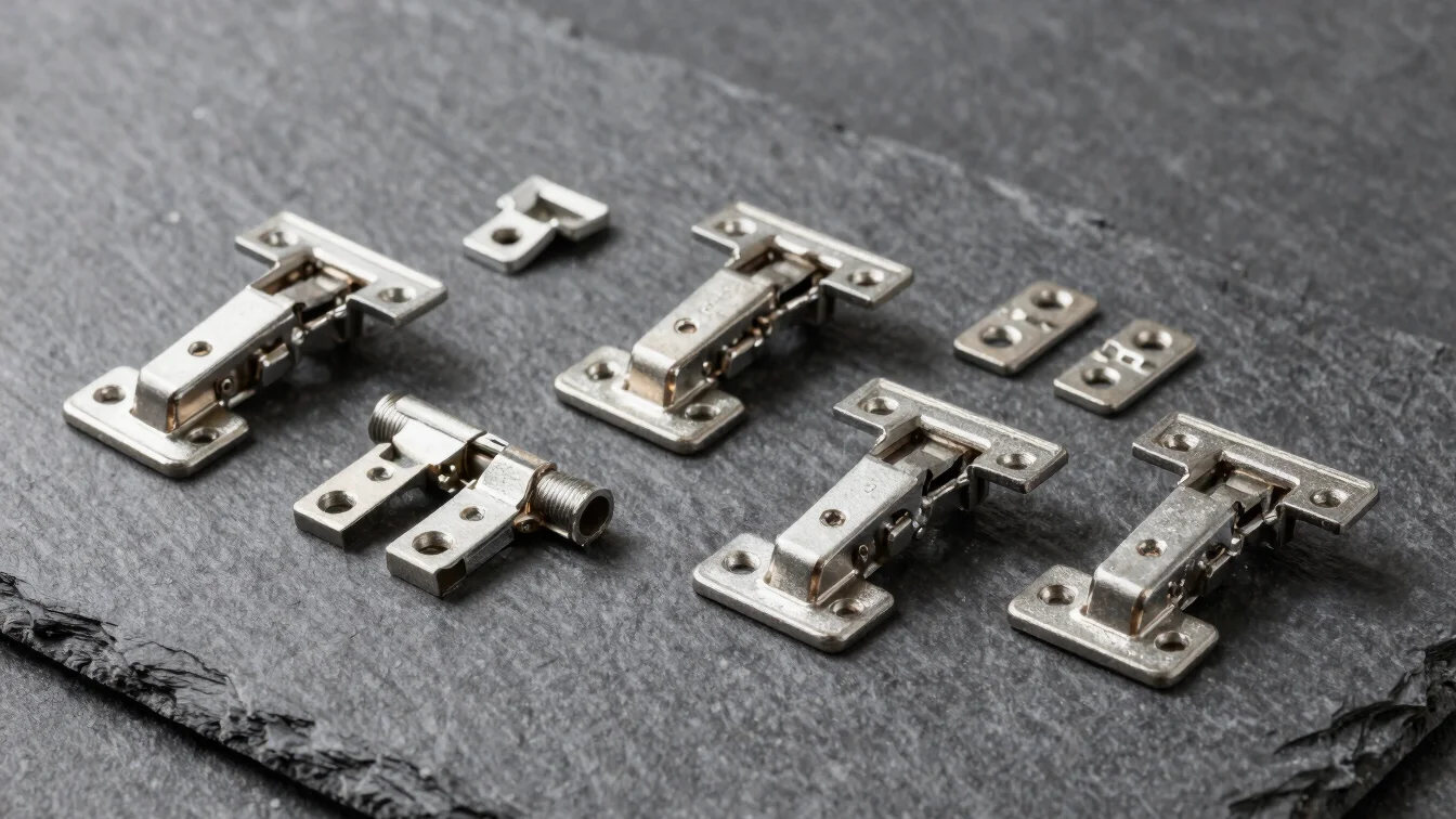 Close studio product photograph of steel hardware fasteners, hinges, and brackets arranged neatly on a slate surface, sh