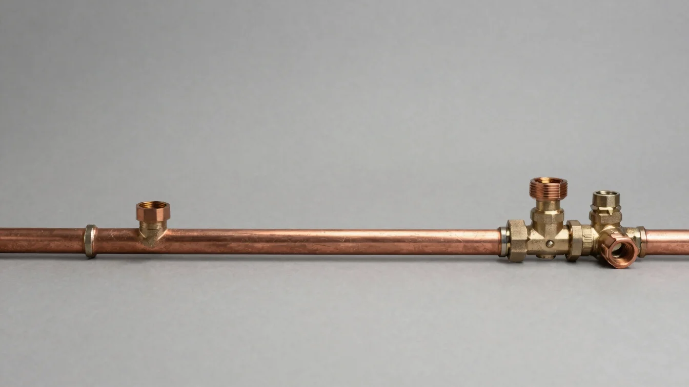 Close studio product photograph of copper pipe and heating fittings with valves on a neutral background, crisp material