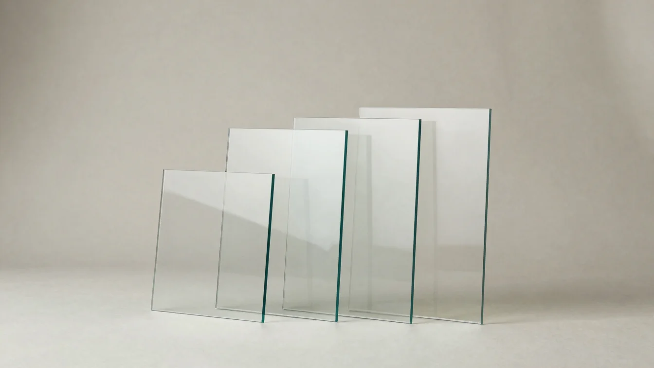 Close studio product photograph of sanitary fixtures and flat glass panes on a neutral backdrop, crisp material detail,
