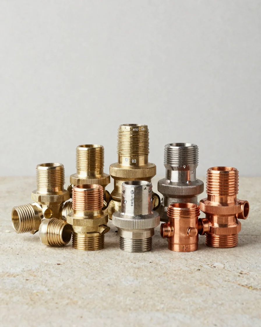 Commercial product photography of neatly stacked sanitary fittings and copper plumbing components on a neutral stone sur