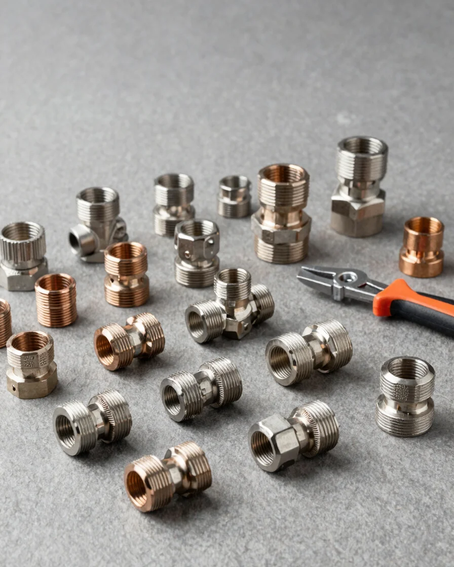Wide, clean studio product photograph of an organized array of stainless steel sanitary fittings, copper pipe fittings,